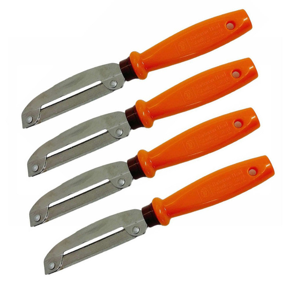 Hand tool with orange plastic handle and open metal scraper blade