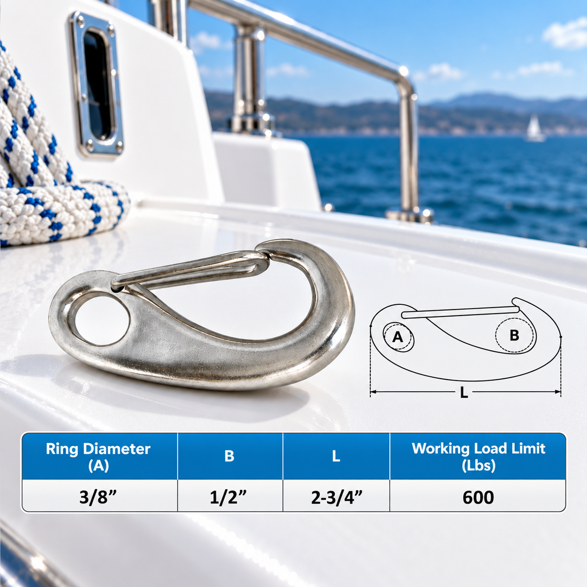 5 Pc Set Marine T316 Stainless Steel Gate Snap Hook Carabiner, Rigging Clip for Boat, Dock, Rope, Chain, and Cable Use
