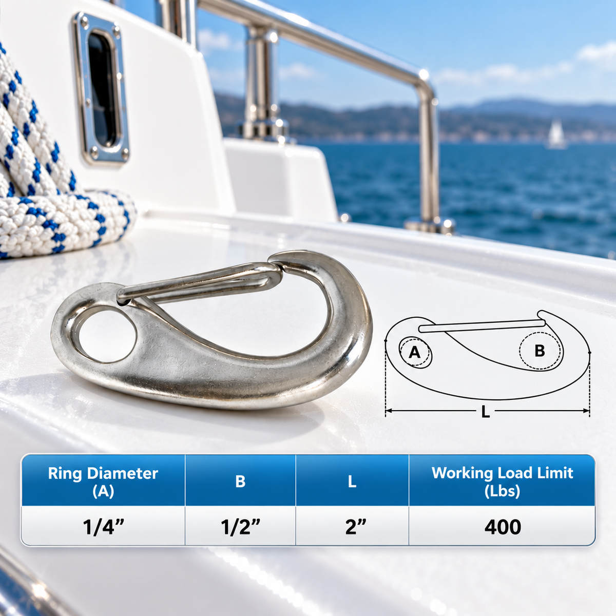 5 Pc Set Marine T316 Stainless Steel Gate Snap Hook Carabiner, Rigging Clip for Boat, Dock, Rope, Chain, and Cable Use