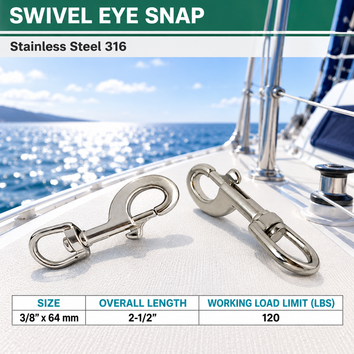 5 Pc Set Marine Boat T316 Stainless Steel Swivel Eye Bolt Snap Hook, Quick Release Rigging Clip for Rope, Chain, Cable, and Outdoor Use