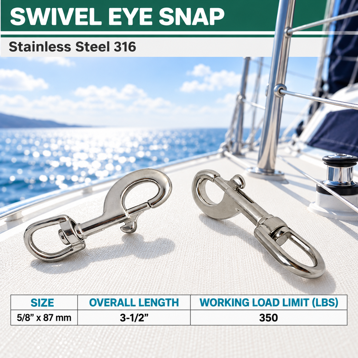5 Pc Set Marine Boat T316 Stainless Steel Swivel Eye Bolt Snap Hook, Quick Release Rigging Clip for Rope, Chain, Cable, and Outdoor Use