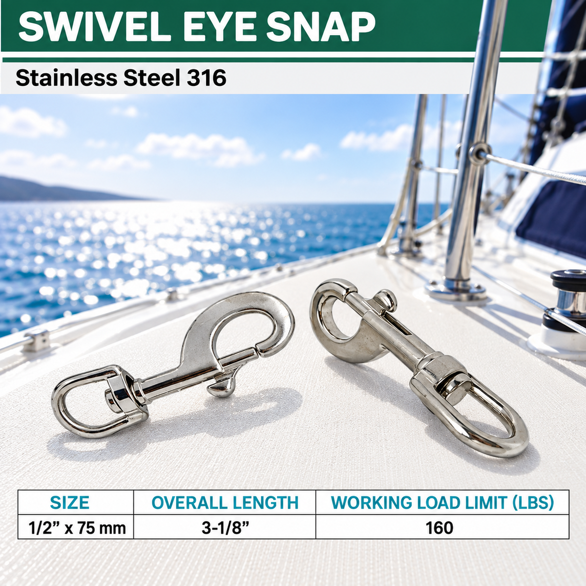 5 Pc Set Marine Boat T316 Stainless Steel Swivel Eye Bolt Snap Hook, Quick Release Rigging Clip for Rope, Chain, Cable, and Outdoor Use