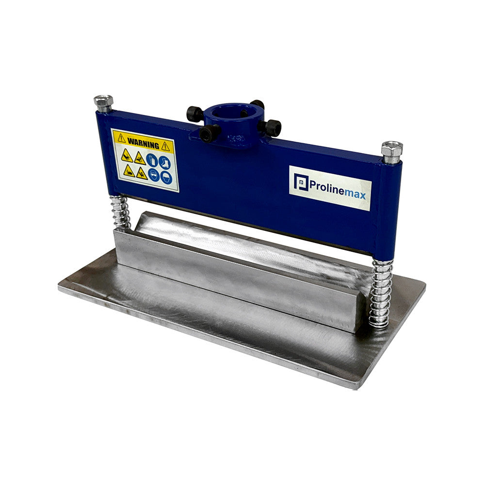 Prolinemax 12-inch press brake bender V-block attachment mounted on steel base, designed for sheet metal bending and forming with 12-ton or 20-ton hydraulic presses