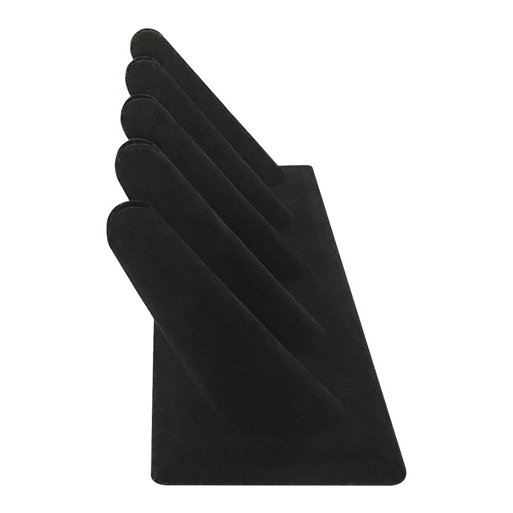 Black velvet ring stand with five slots for displaying rings and bands