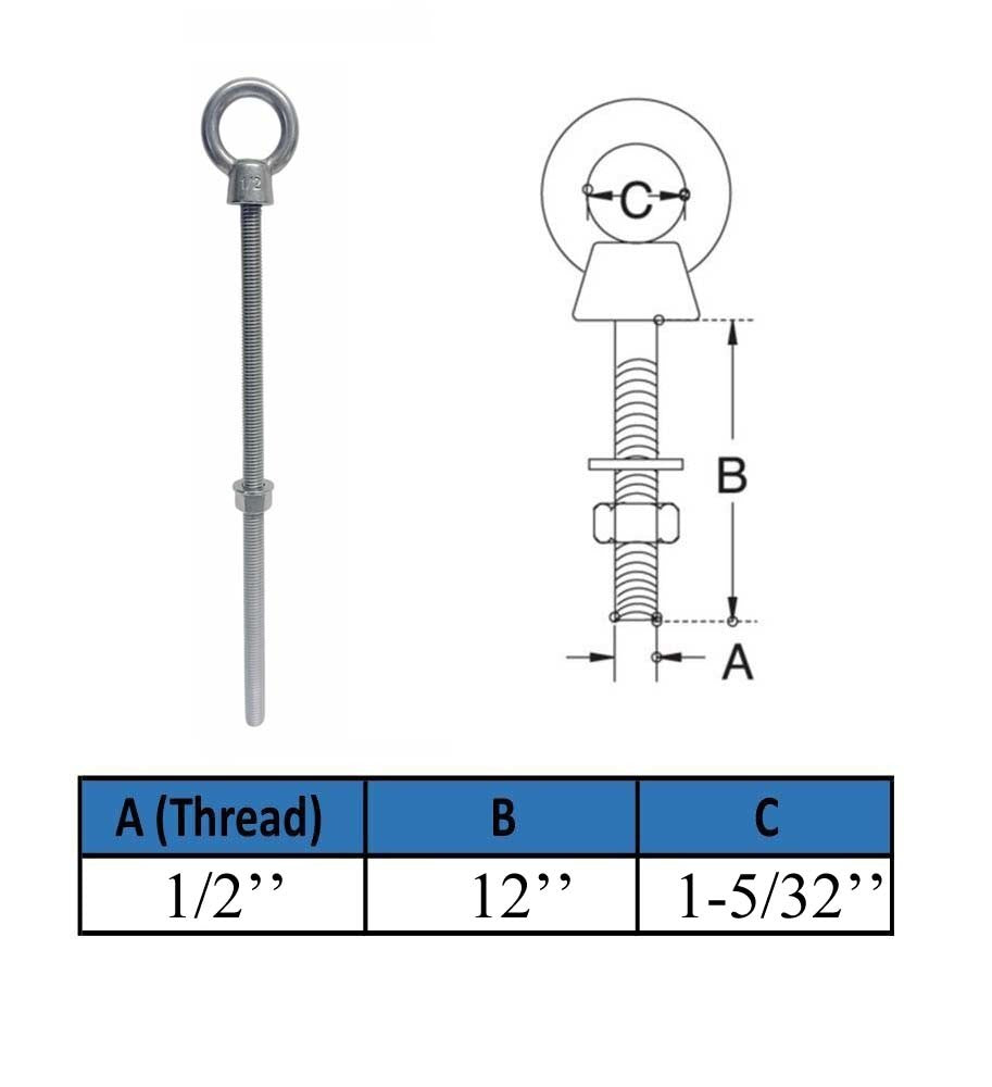 Marine Boat T316 Stainless Steel 1/2" x 12" Shoulder Eye Bolt 2,000 Lbs WLL