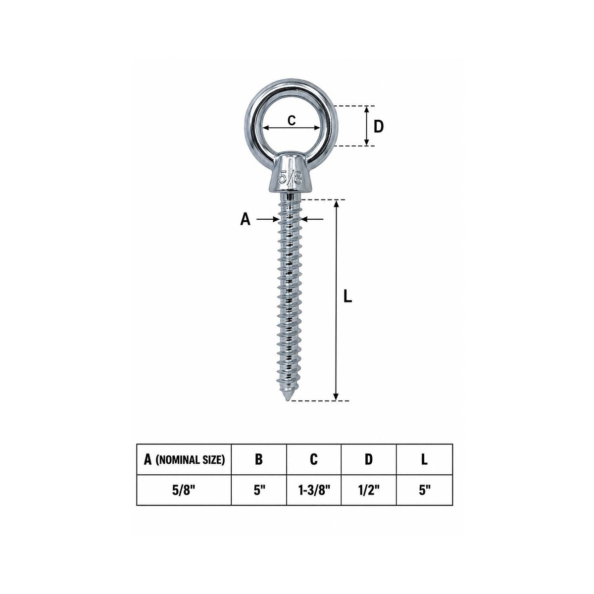 Marine Boat T316 Stainless Steel 5/8" x 5" Shoulder Lag Eye Bolt Screw Bolt