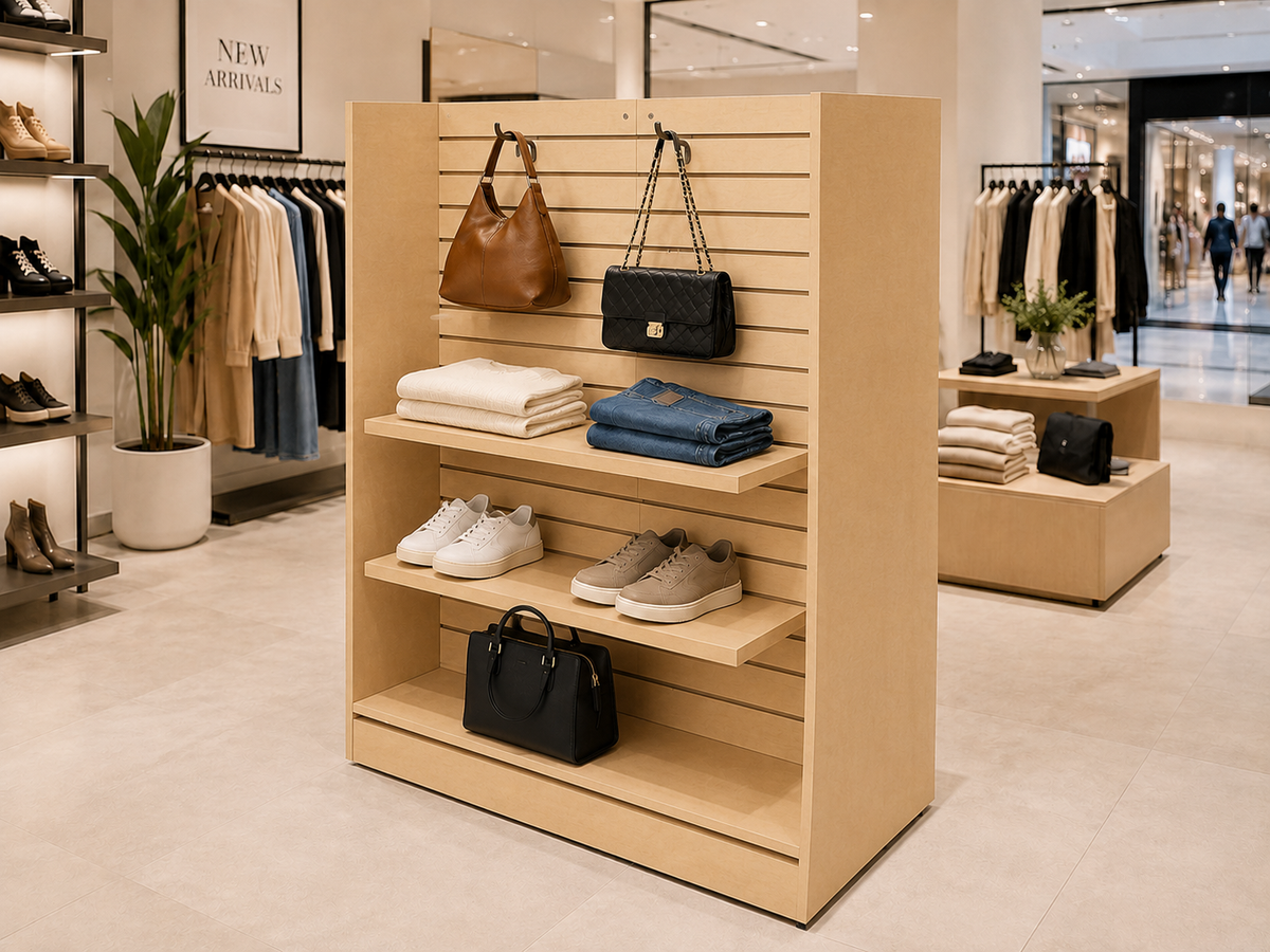 48"W x 24"D x 54"H Shaped Slatwall Gondola Display, Retail Store Floor Display Fixture for Merchandise, Accessories, Tools, Gifts, and Shop Organization