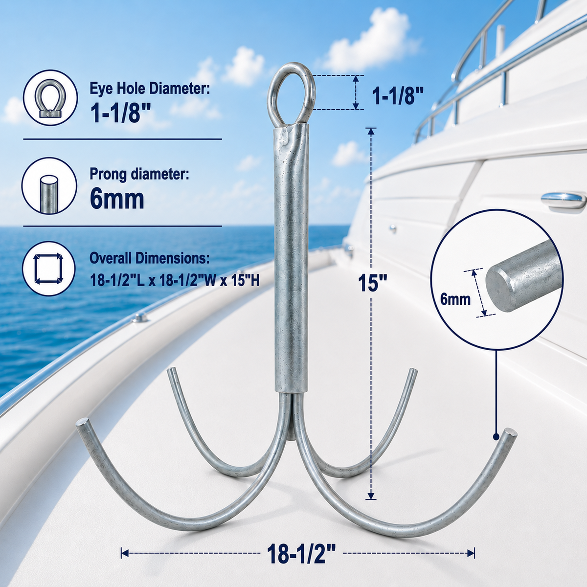 Heavy Duty Galvanized Steel 4-Prong Grapnel Anchor, Boat Anchor for Kayak, Jet Ski, Canoe, Small Watercraft, and Marine Use