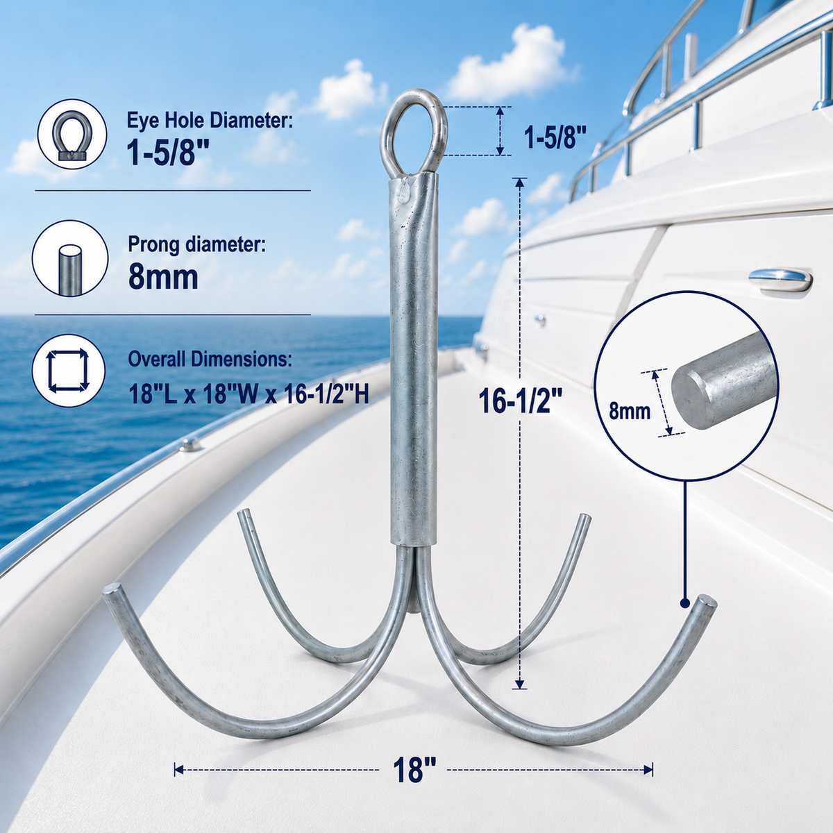 Heavy Duty Galvanized Steel 4-Prong Grapnel Anchor, Boat Anchor for Kayak, Jet Ski, Canoe, Small Watercraft, and Marine Use