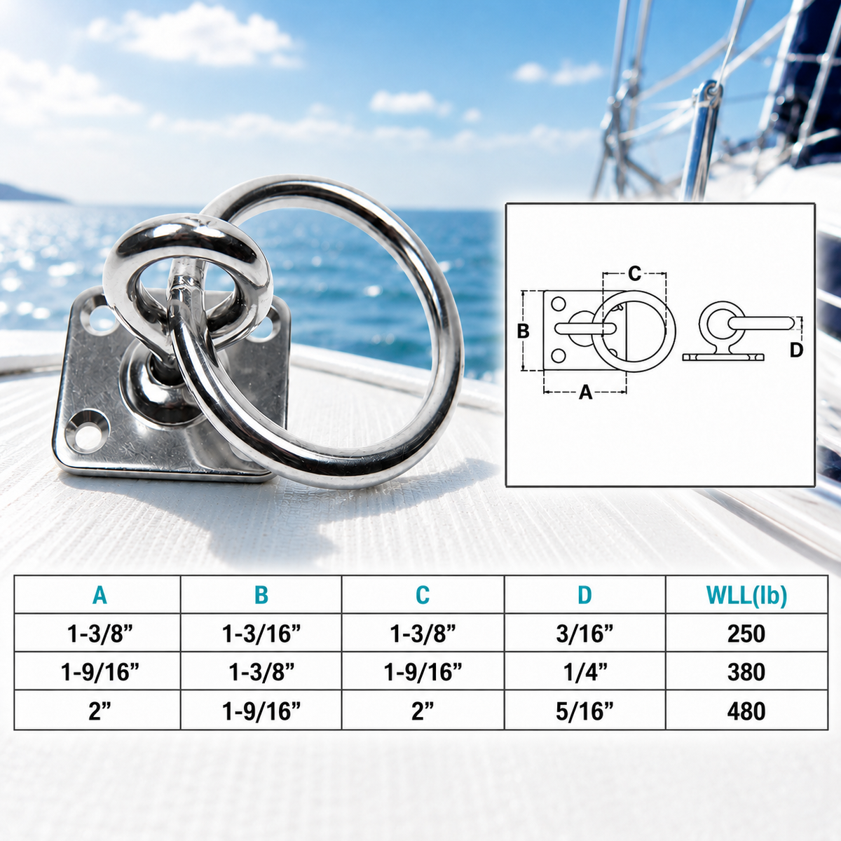 4 Pc Set T304 Stainless Steel Square Swivel Pad Eye Plate, Marine Boat Tie Down Ring for Rigging, Rope, Cable, and Outdoor Use