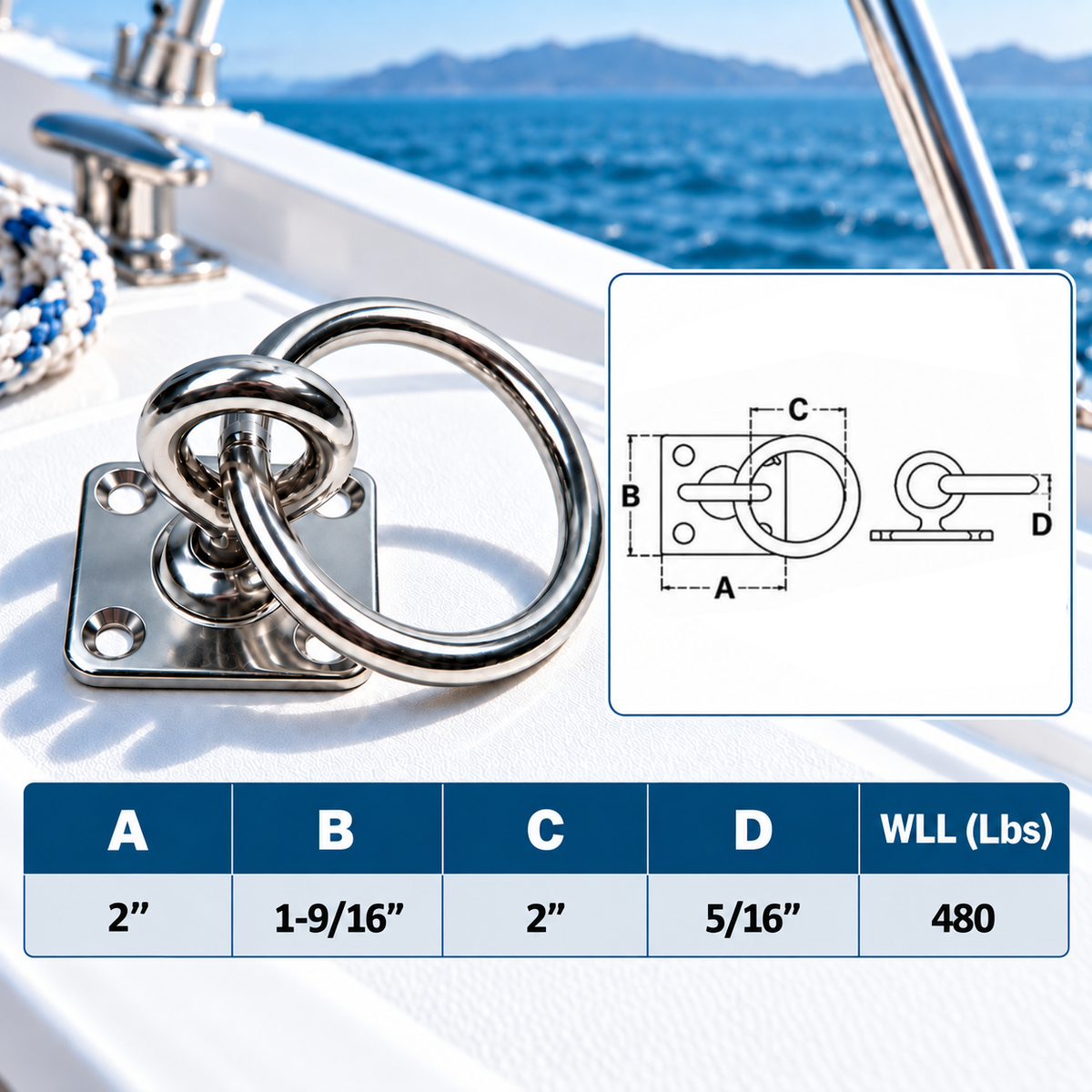 4 Pc Set T304 Stainless Steel Square Swivel Pad Eye Plate, Marine Boat Tie Down Ring for Rigging, Rope, Cable, and Outdoor Use