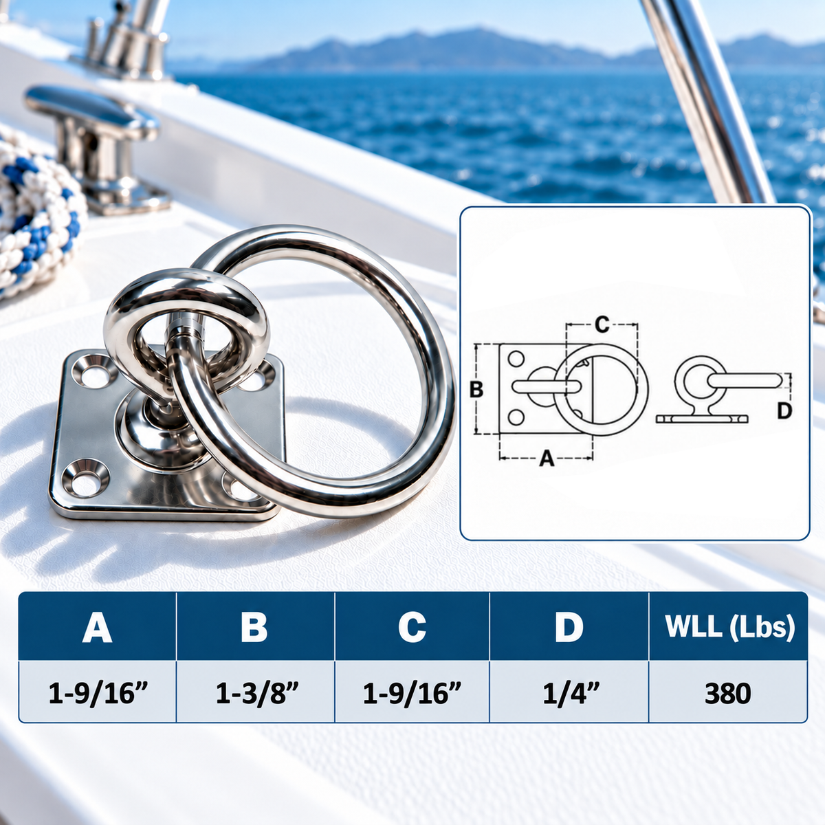 4 Pc Set T304 Stainless Steel Square Swivel Pad Eye Plate, Marine Boat Tie Down Ring for Rigging, Rope, Cable, and Outdoor Use