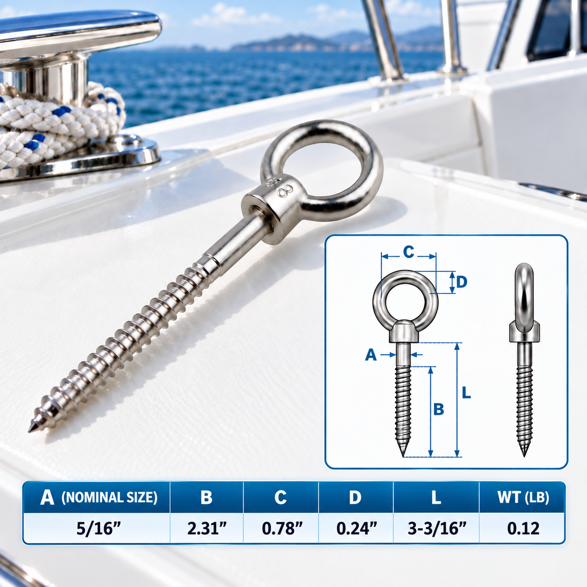5 Pc Set T316 Stainless Steel Screw Lag Eye Bolt, Marine Boat Lag Thread Eye Screw for Deck, Dock, Wood Post, Rope, Cable