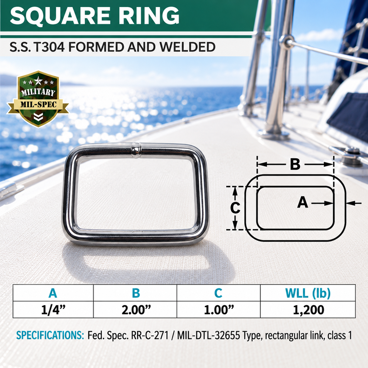 4 Pc Set Marine Stainless Steel Rectangular Ring Link, Mil Spec Hardware for Rigging, Straps, Webbing, Rope