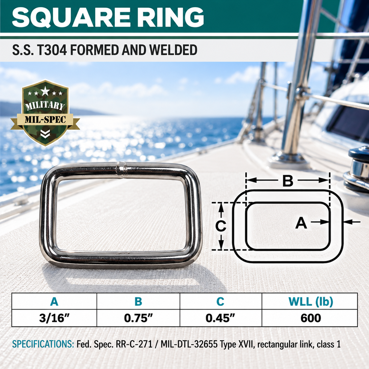4 Pc Set Marine Stainless Steel Rectangular Ring Link, Mil Spec Hardware for Rigging, Straps, Webbing, Rope