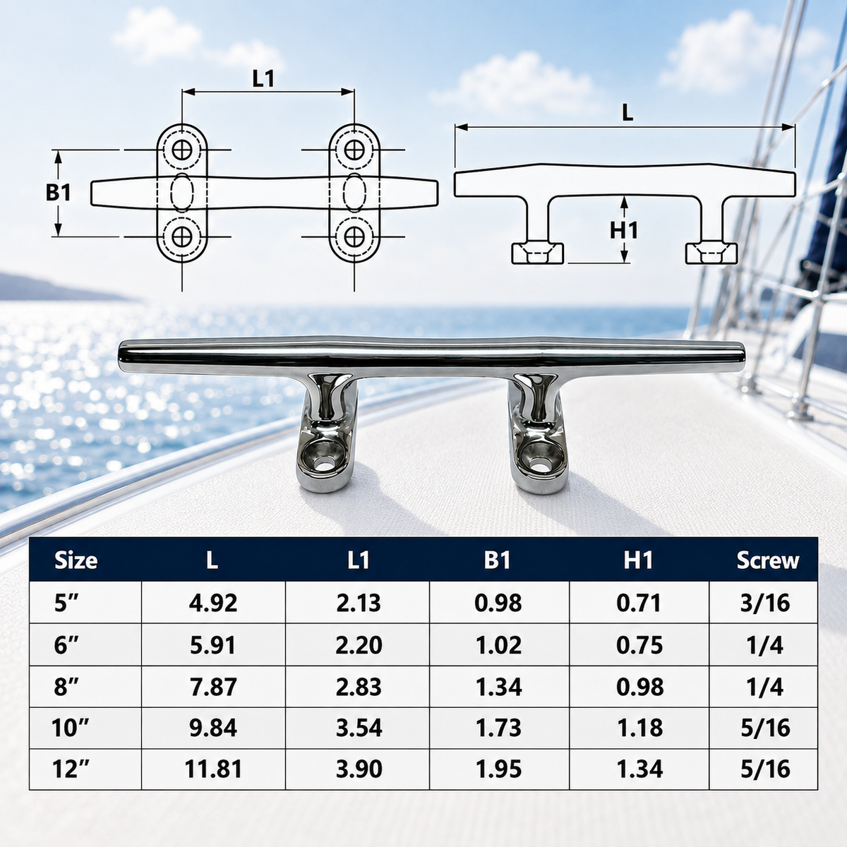 4 Pc Set Marine Boat T316 Stainless Steel Blue Water Cleat, Flat Top Dock Deck Rope Cleat for Boat, Yacht, Mooring
