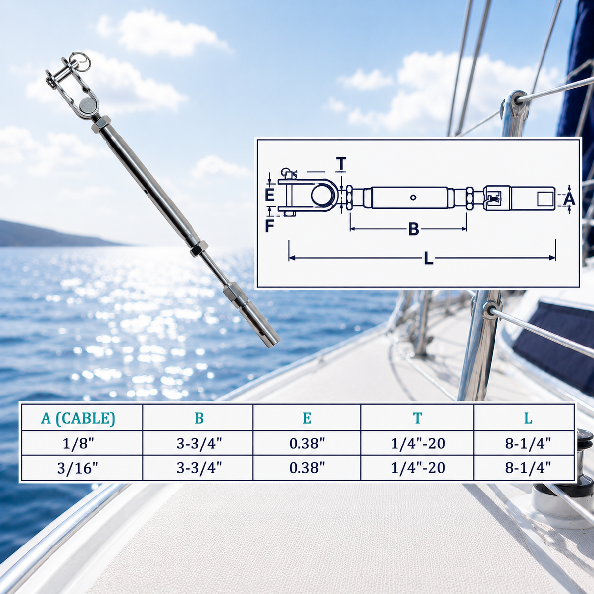 4 Pcs Set Marine T316 Stainless Steel Swageless and Toggle Turnbuckle for Cable Rail, Wire Rope Railing Tensioner for Deck, Stair, Dock