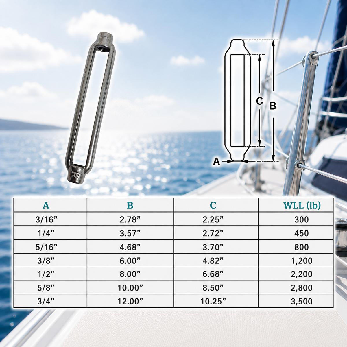 4 Pc Set Marine T316 Stainless Steel Turnbuckle Body, Heavy Duty Rigging Tensioner Body for Wire Rope, Cable, Chain, Dock