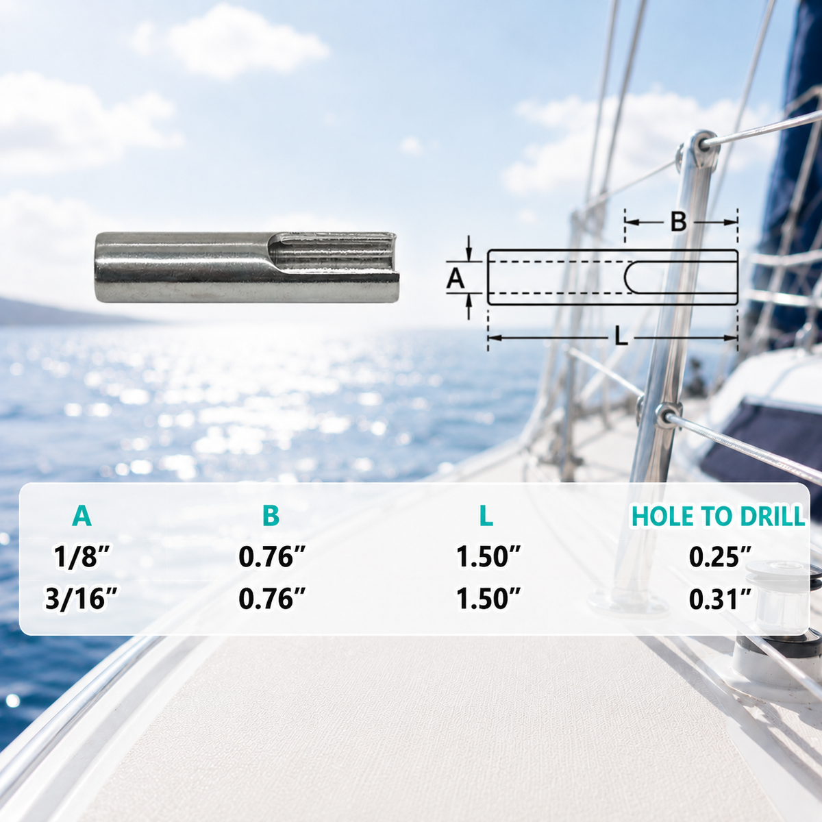 4 pc Set Marine T316 Stainless Steel T Anchor Fitting for 1/8" 3/16" Cable, Hand Swage Wire Rope Terminal for Deck, Dock, Railing