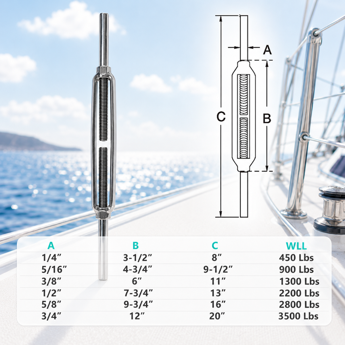 4 Pc Set Marine T316 Stainless Steel Stub End Turnbuckle, Adjustable Rigging Tensioner for Cable, Wire Rope, Dock