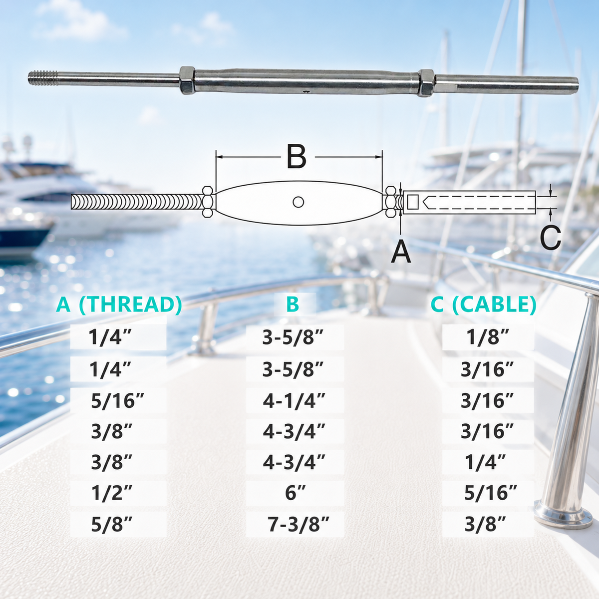 4 Pc Set Marine T316 Stainless Steel Threaded Rod and Swage Stud Turnbuckle, Cable Wire Rope Tensioner