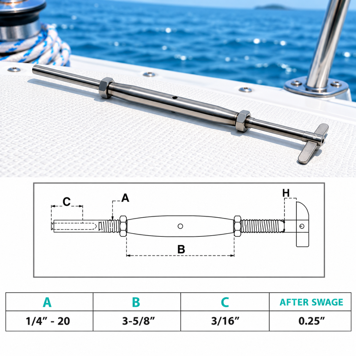 4 Pc Set T316 Stainless Steel 1/4" Threaded Drop Pin and Hand Swage Stud Turnbuckle for Cable, Wire Rope Railing Tensioner