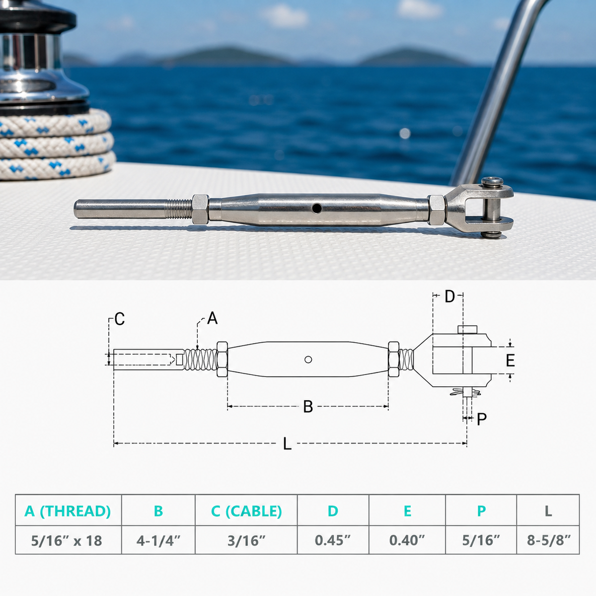 4 Pc Set Marine T316 Stainless Steel Thread Fork and Swage Stud Turnbuckle for Cable Wire, Wire Rope Railing Tensioner