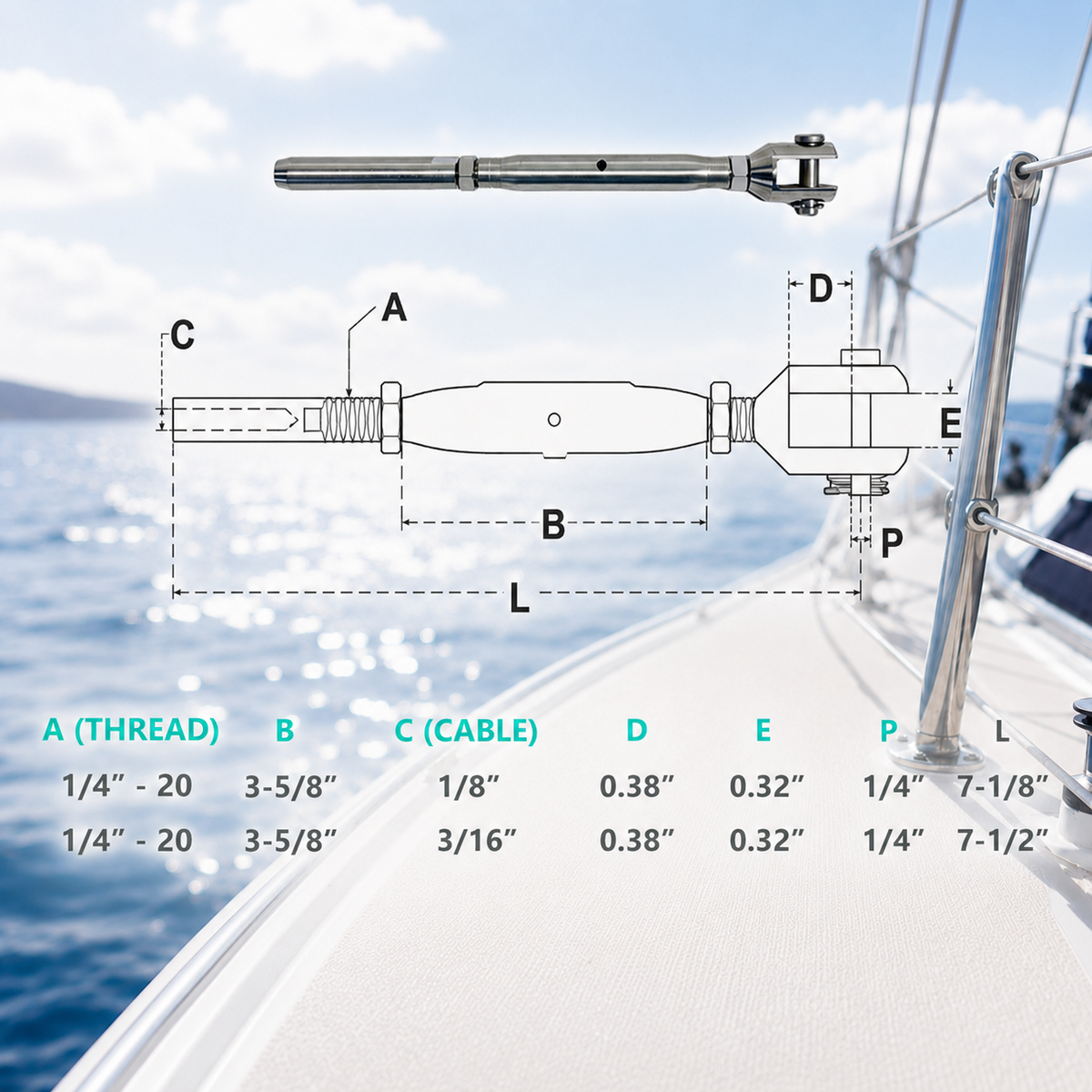 4 Pc Set Marine T316 Stainless Steel 1/4" Thread Fork and Hand Swage Stud Turnbuckle for 1/8" 3/16" Cable Wire