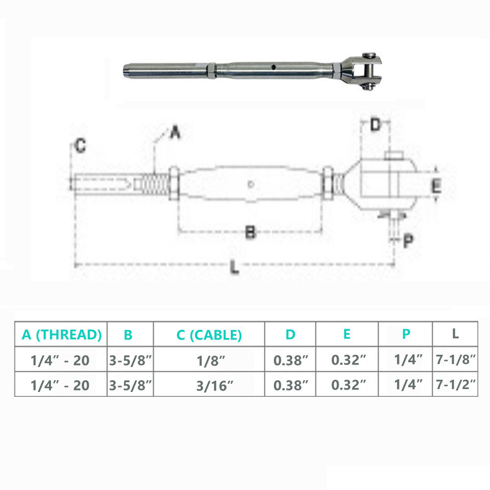 4 Pc Set Marine T316 Stainless Steel 1/4" Thread Fork and Hand Swage Stud Turnbuckle for 1/8" 3/16" Cable Wire