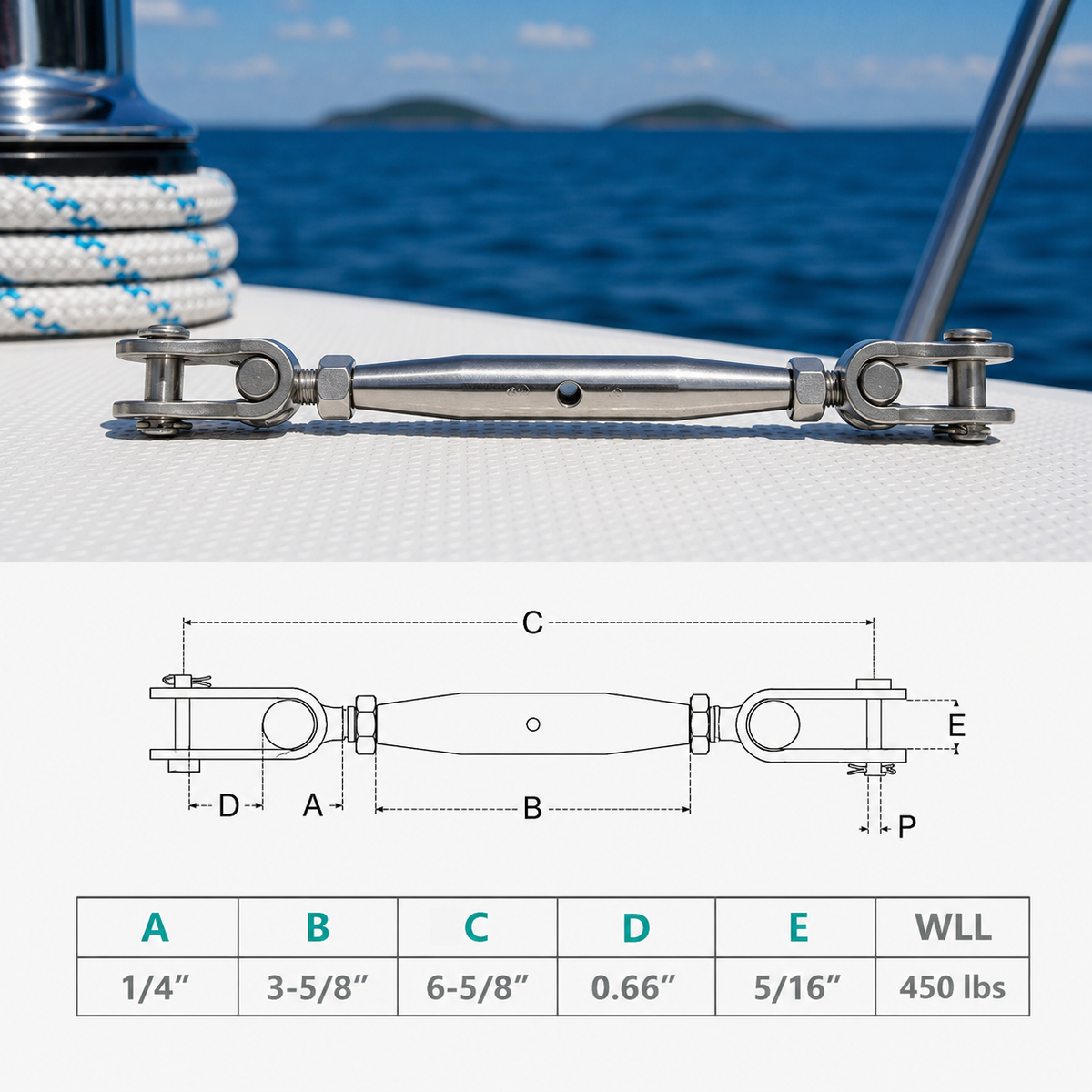 4 Pc Set Marine T316 Stainless Steel Toggle and Toggle Pipe Turnbuckle, Cable Wire Rope Railing Tensioner for Boat, Dock