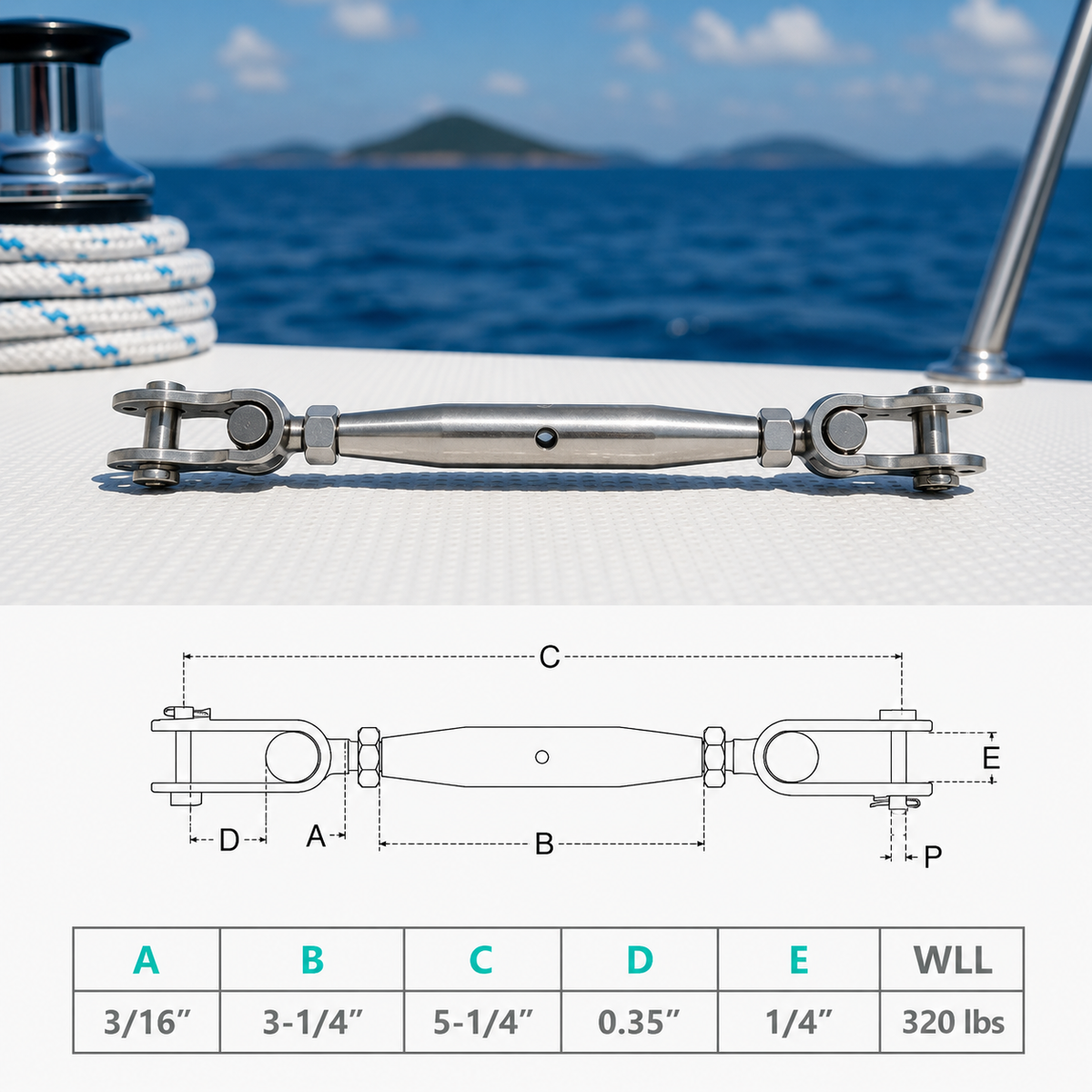 4 Pc Set Marine T316 Stainless Steel Toggle and Toggle Pipe Turnbuckle, Cable Wire Rope Railing Tensioner for Boat, Dock