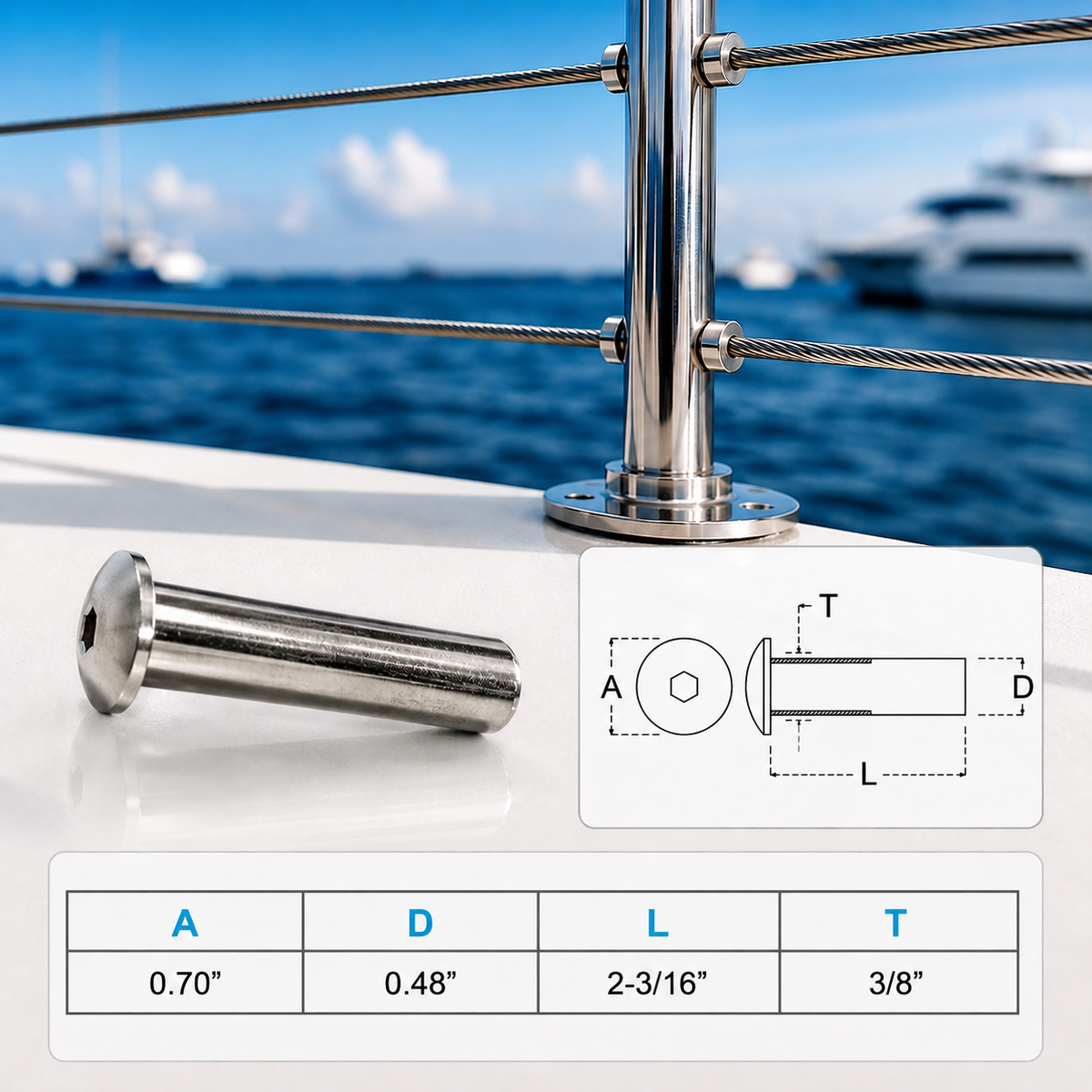 4 Pc Set Marine Boat T316 Stainless Steel Dome Head Stud Receiver, Wire Cable Railing Receiver Fitting for Deck, Dock
