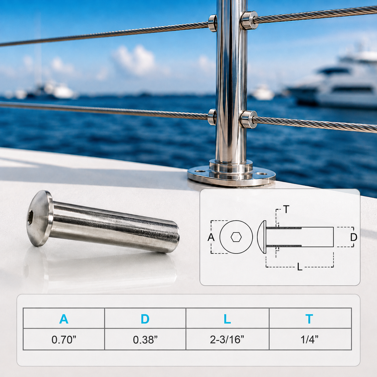 4 Pc Set Marine Boat T316 Stainless Steel Dome Head Stud Receiver, Wire Cable Railing Receiver Fitting for Deck, Dock