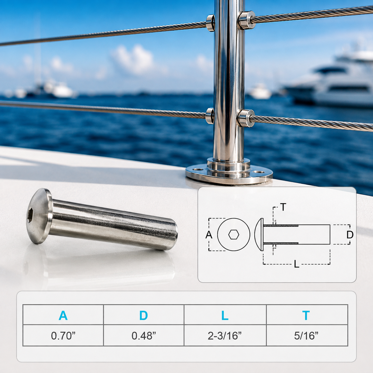 4 Pc Set Marine Boat T316 Stainless Steel Dome Head Stud Receiver, Wire Cable Railing Receiver Fitting for Deck, Dock