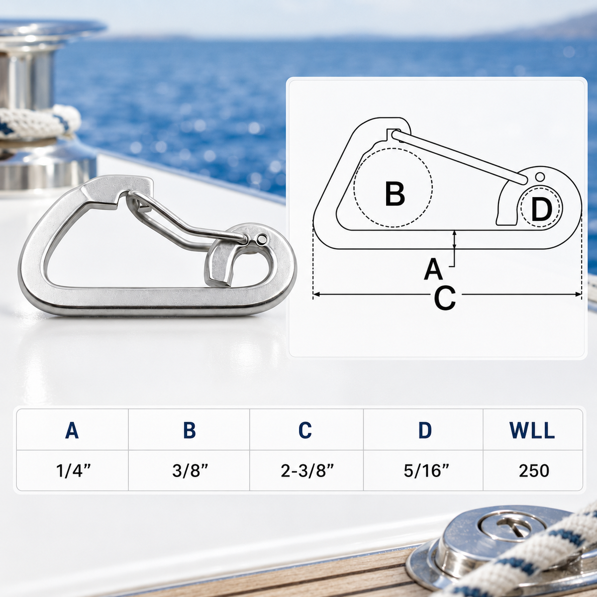 4 Pc Set Stainless Steel T316 Harness Clip Spring Gate Snap Hook, Flat Body Carabiner Hook for Marine, Rigging, Rope