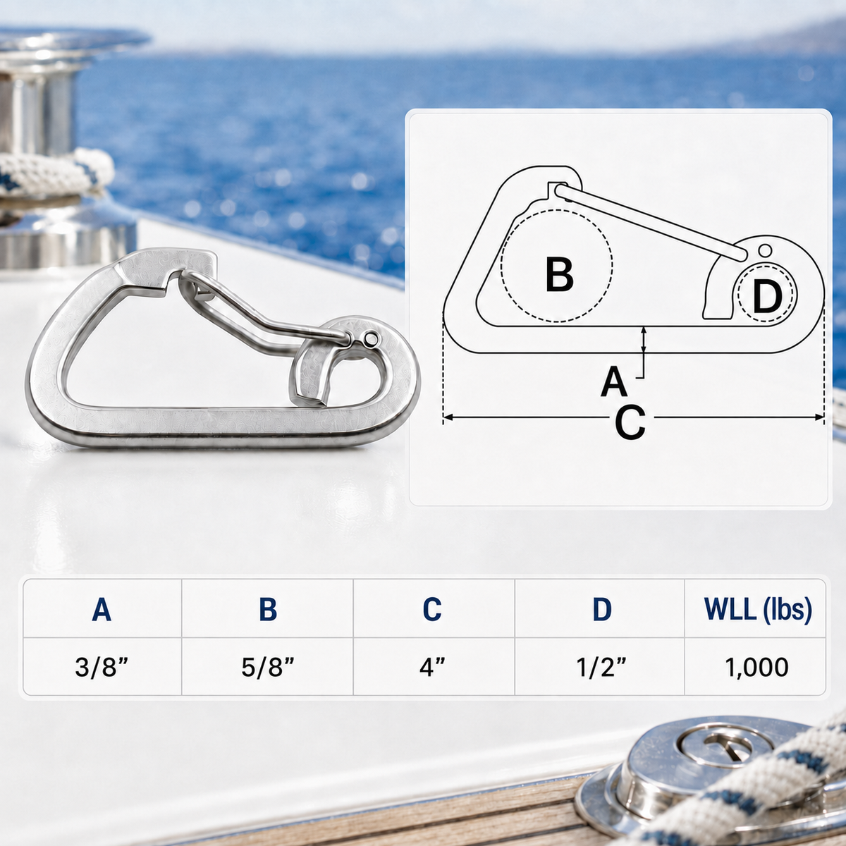 4 Pc Set Stainless Steel T316 Harness Clip Spring Gate Snap Hook, Flat Body Carabiner Hook for Marine, Rigging, Rope