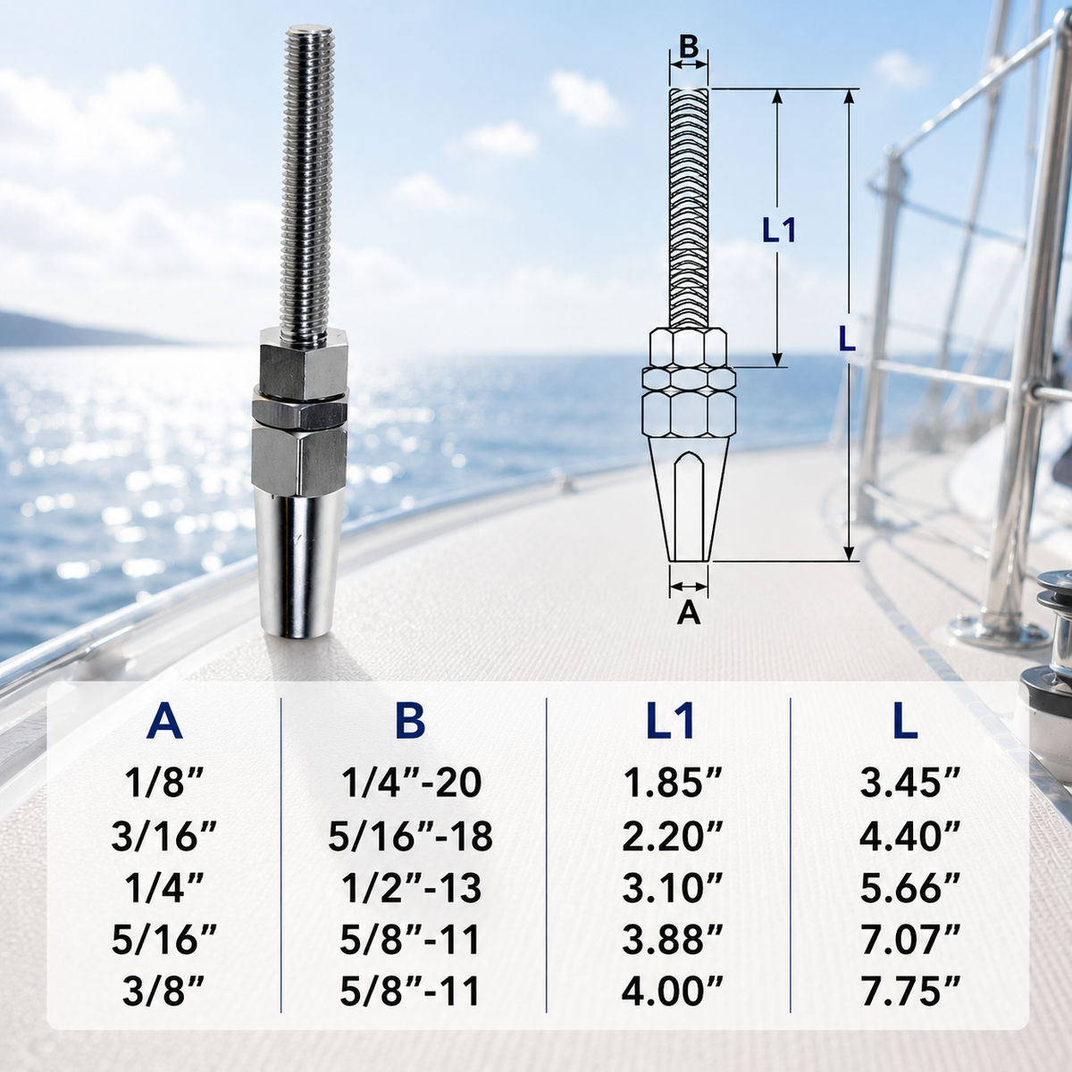 4 Pc Set Marine T316 Stainless Steel Swageless Threaded Stud for Cable Wire, Wire Rope Railing Terminal Fitting for Boat, Dock