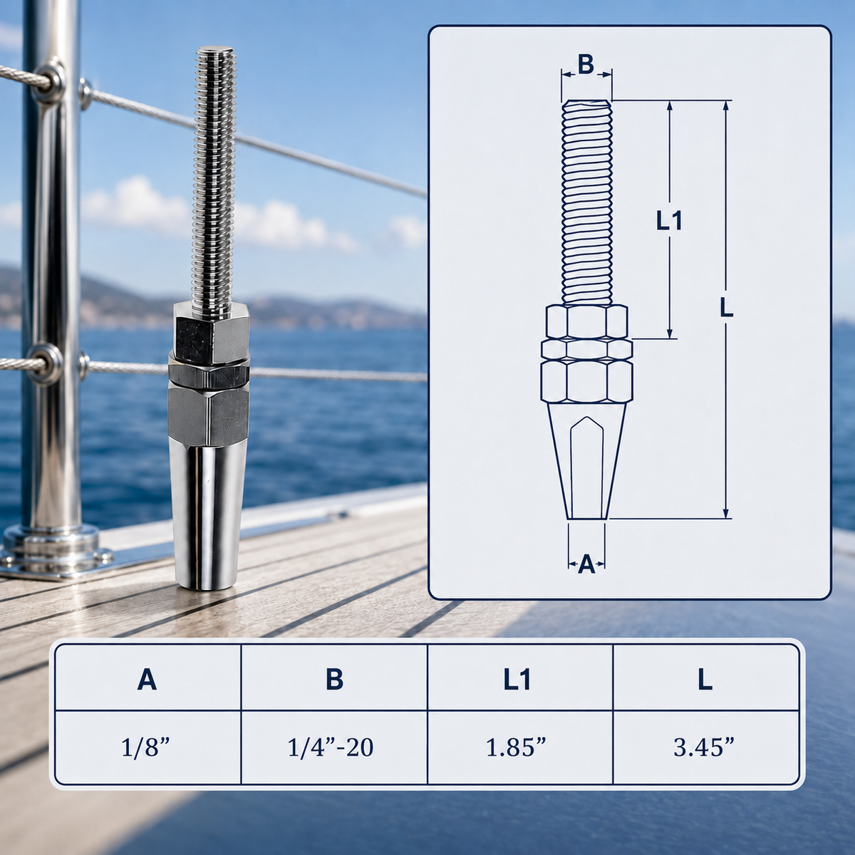4 Pc Set Marine T316 Stainless Steel Swageless Threaded Stud for Cable Wire, Wire Rope Railing Terminal Fitting for Boat, Dock