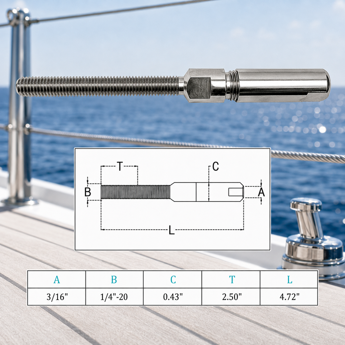 4 Pc Set Stainless Steel T316 Fully Threaded Push and Go Swageless Stud for Cable Wire, Marine Cable Railing