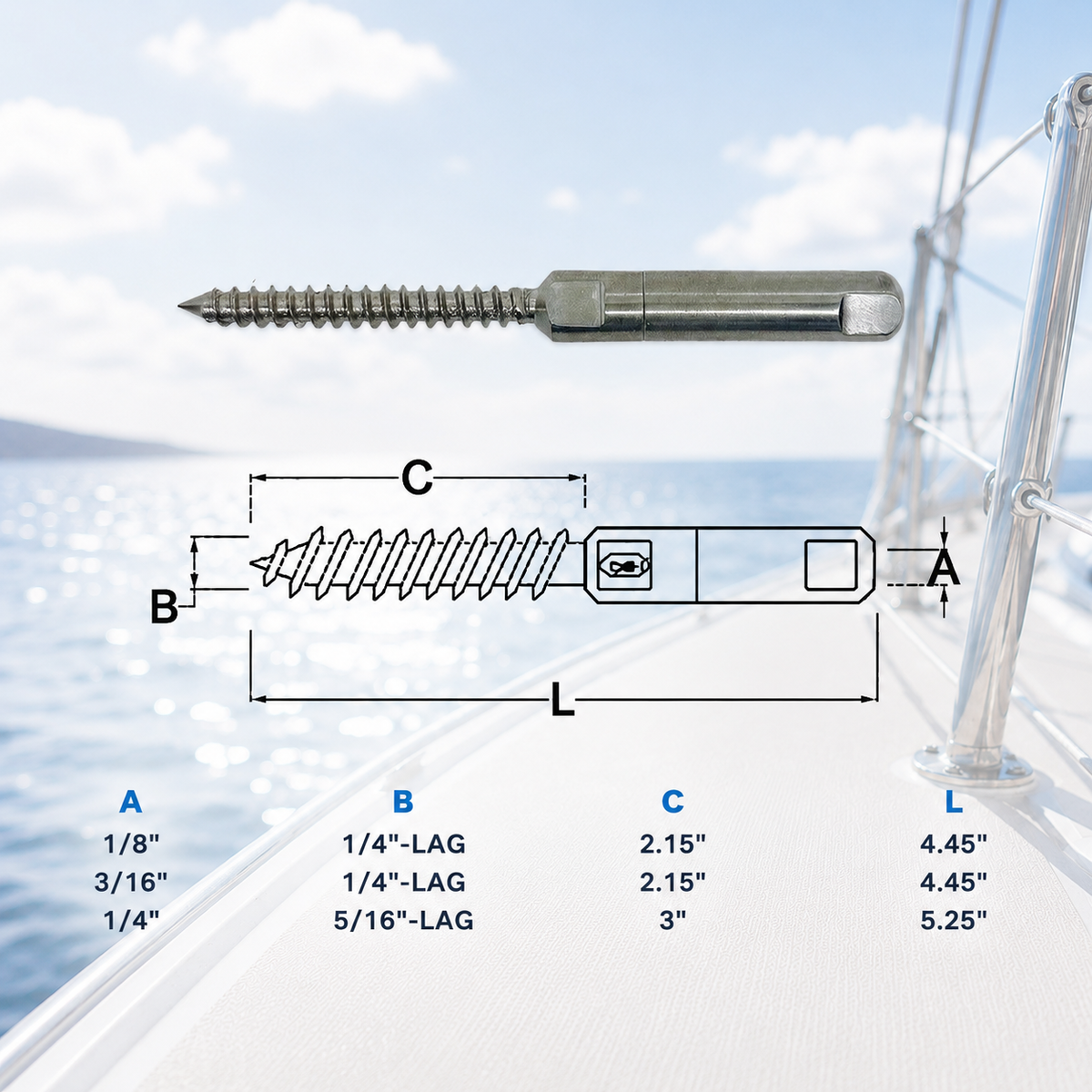 4 Pc Set Marine T316 Stainless Steel Push and Go Swageless Lag for Cable Rail, Wire Rope Deck Railing Terminal Fitting