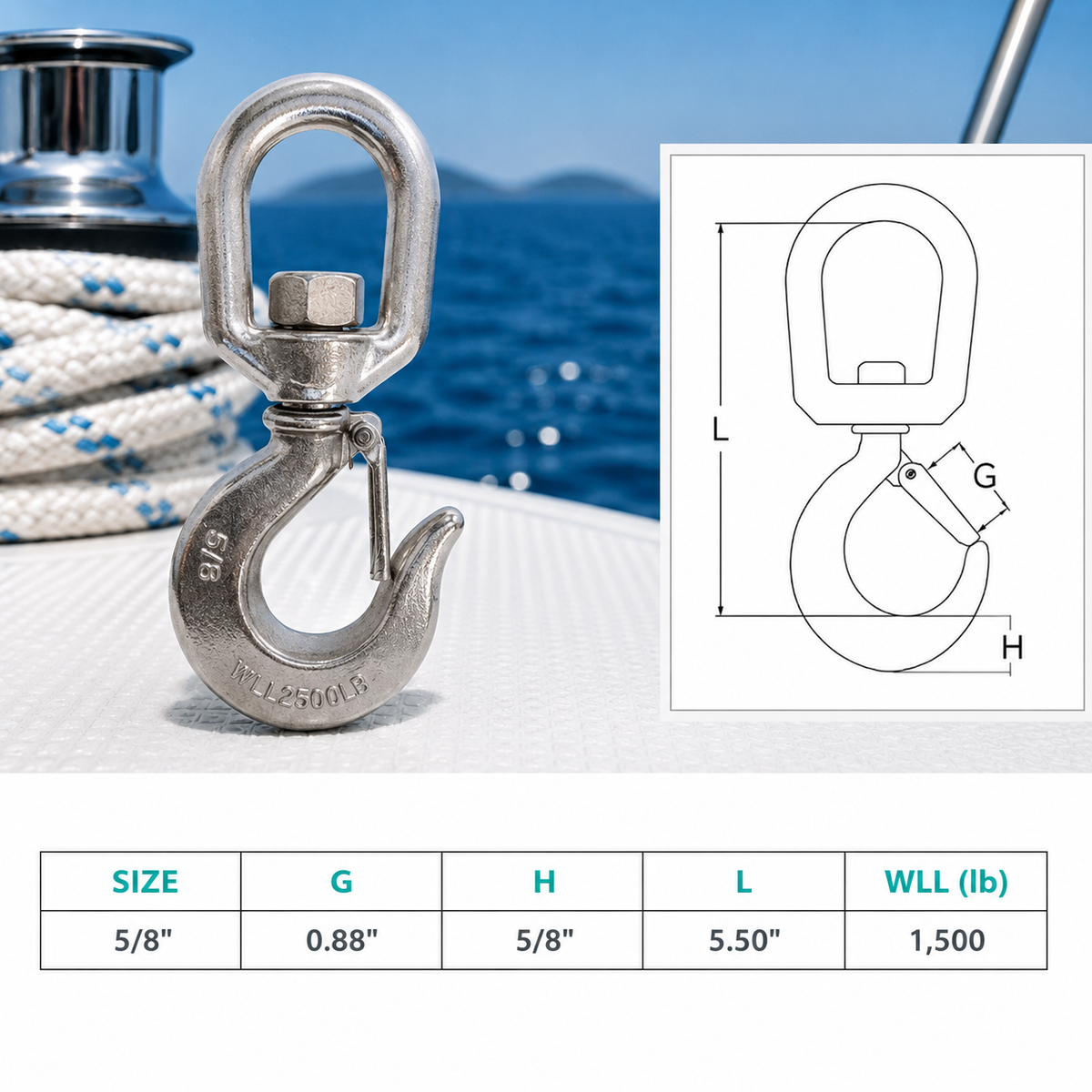 4 Pc Set Marine T316 Stainless Steel Drop Forged Swivel Eye Hook, Lifting Hook for Rigging, Chain, Rope, Dock