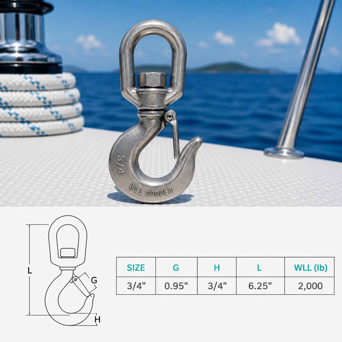 4 Pc Set Marine T316 Stainless Steel Drop Forged Swivel Eye Hook, Lifting Hook for Rigging, Chain, Rope, Dock