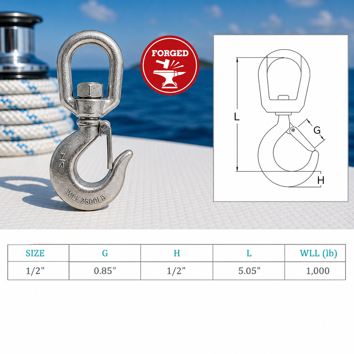 4 Pc Set Marine T316 Stainless Steel Drop Forged Swivel Eye Hook, Lifting Hook for Rigging, Chain, Rope, Dock