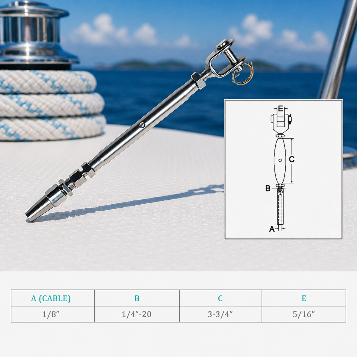4 Pc Set Stainless Steel T316 Cable Jaw Swageless Pipe Turnbuckle, Wire Rope Railing Tensioner for Marine, Deck, and Outdoor Use