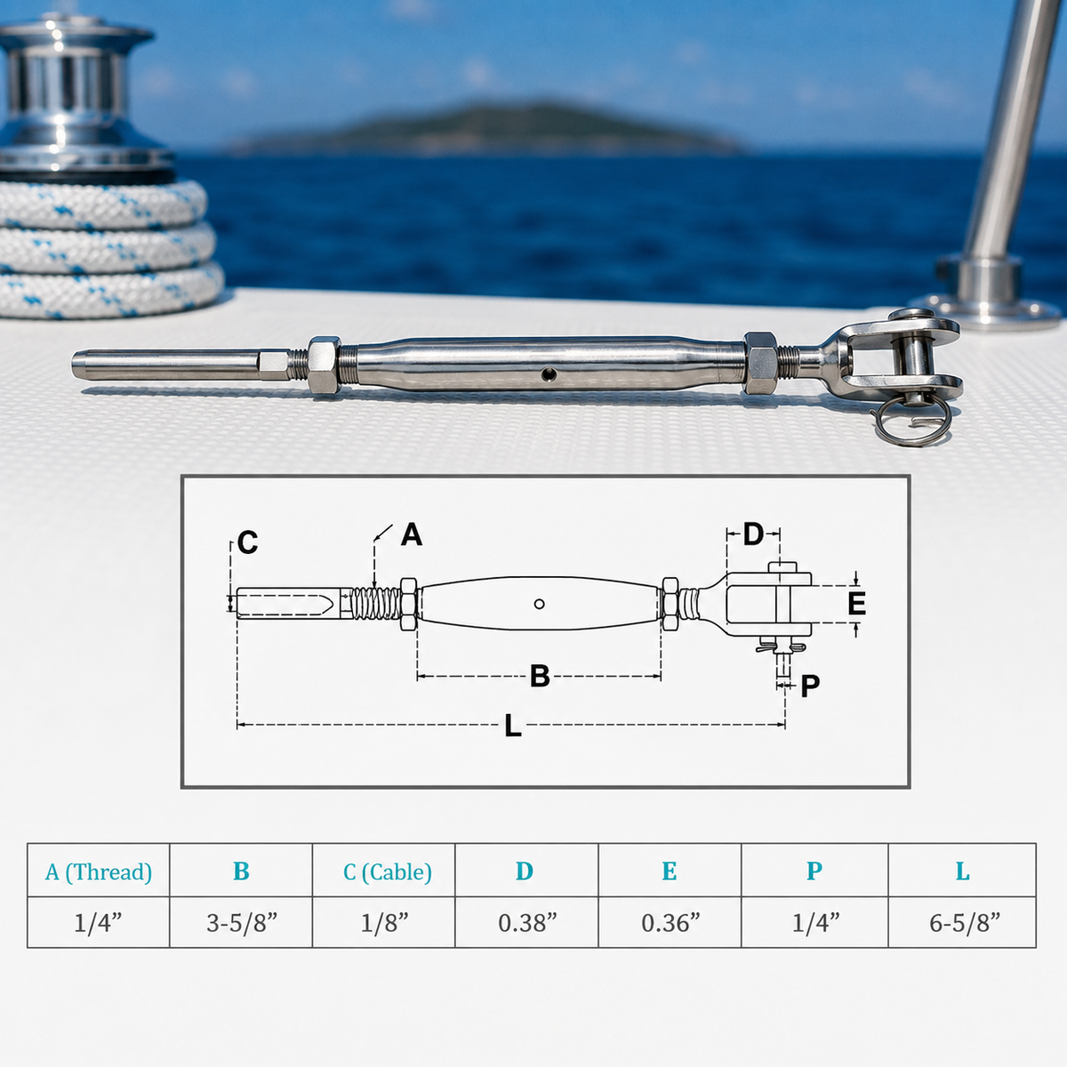 4 Pc Set Marine T316 Stainless Steel Cable Jaw and Swage Stud Turnbuckle, Threaded Wire Rope Tensioner for Boat, Dock, Deck, and Railing