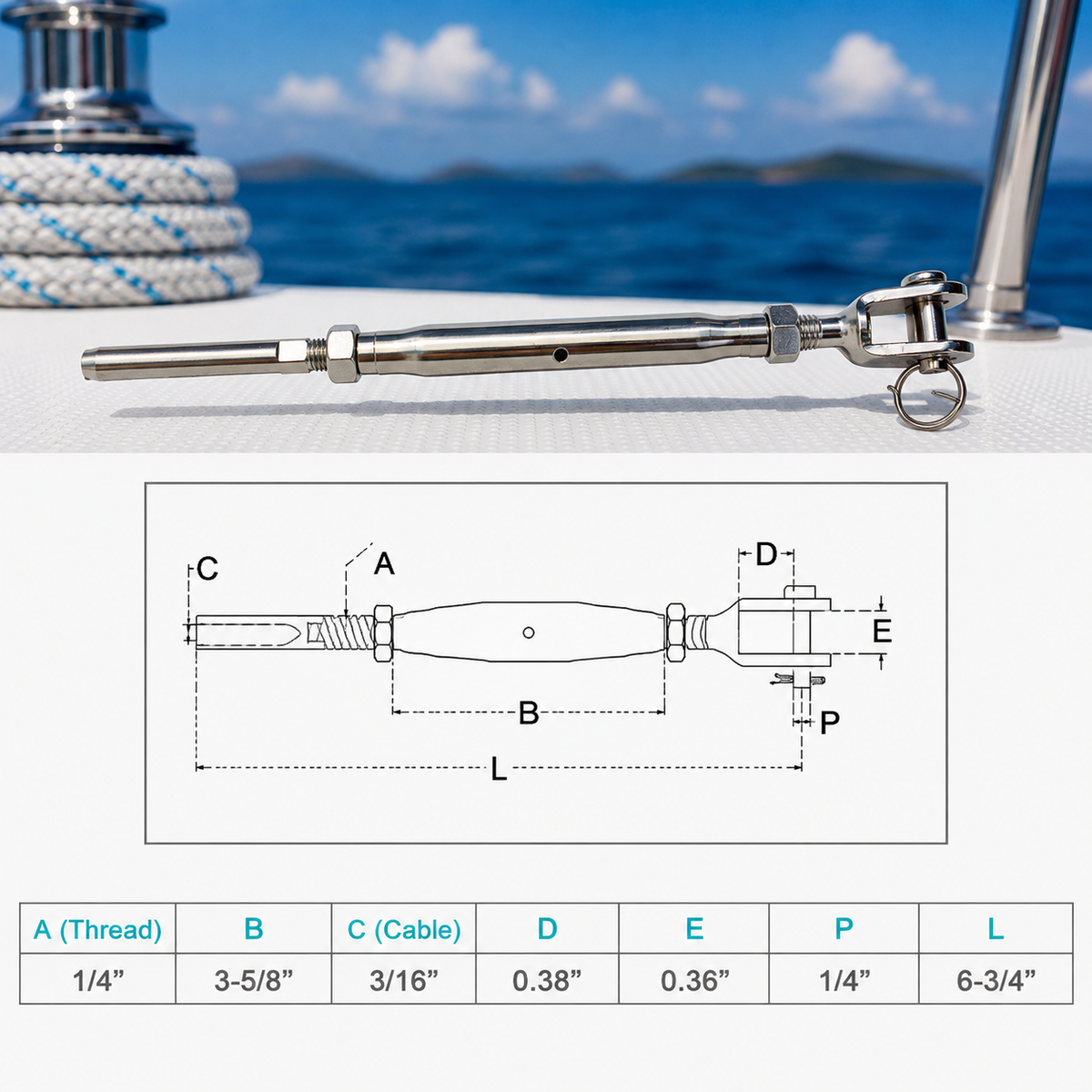 4 Pc Set Marine T316 Stainless Steel Cable Jaw and Swage Stud Turnbuckle, Threaded Wire Rope Tensioner for Boat, Dock, Deck, and Railing