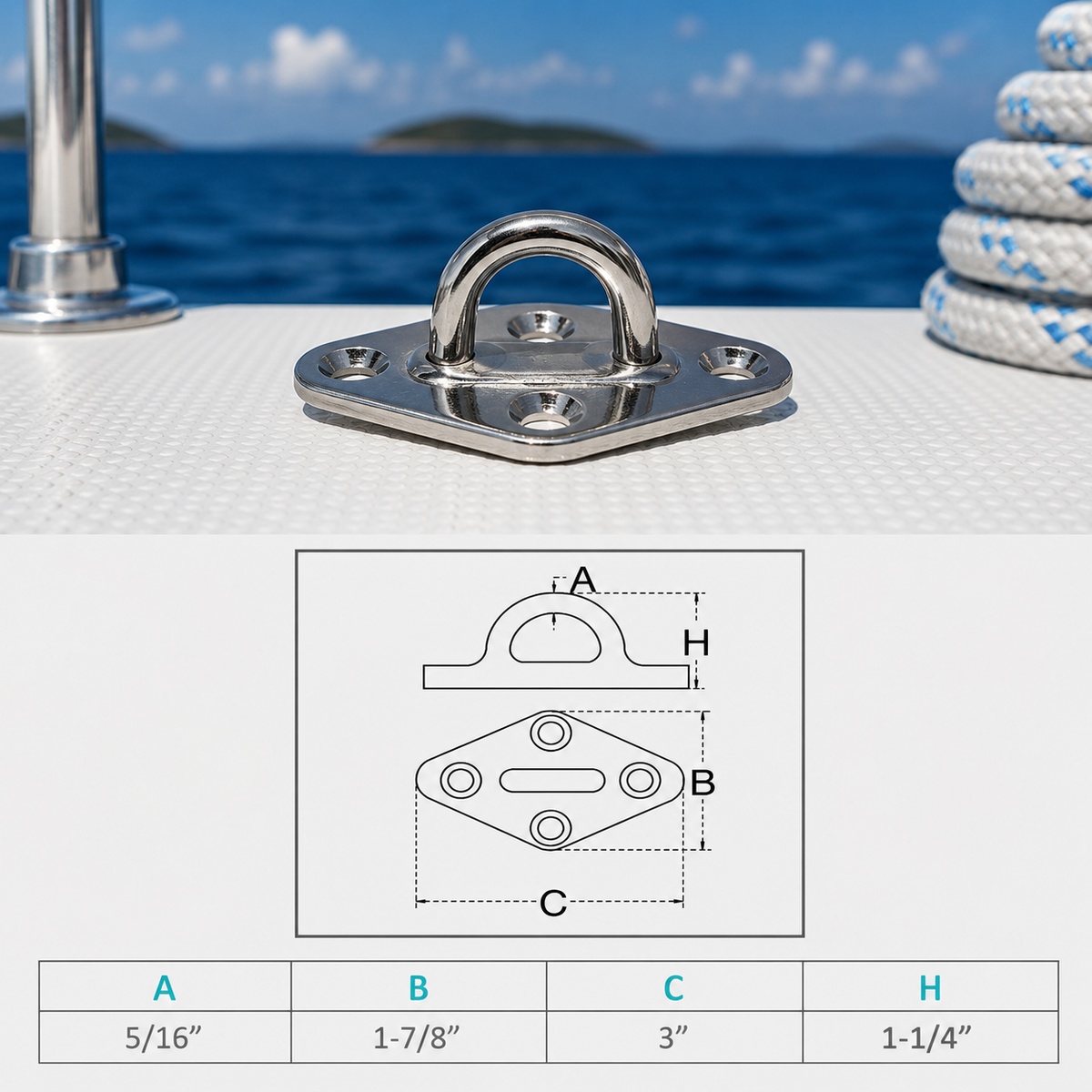 4 Pc Set Marine Light Duty T304 Stainless Steel Diamond Pad Eye, Welded Eye Pad Lift for Boat, Dock, Deck, and Outdoor Hardware