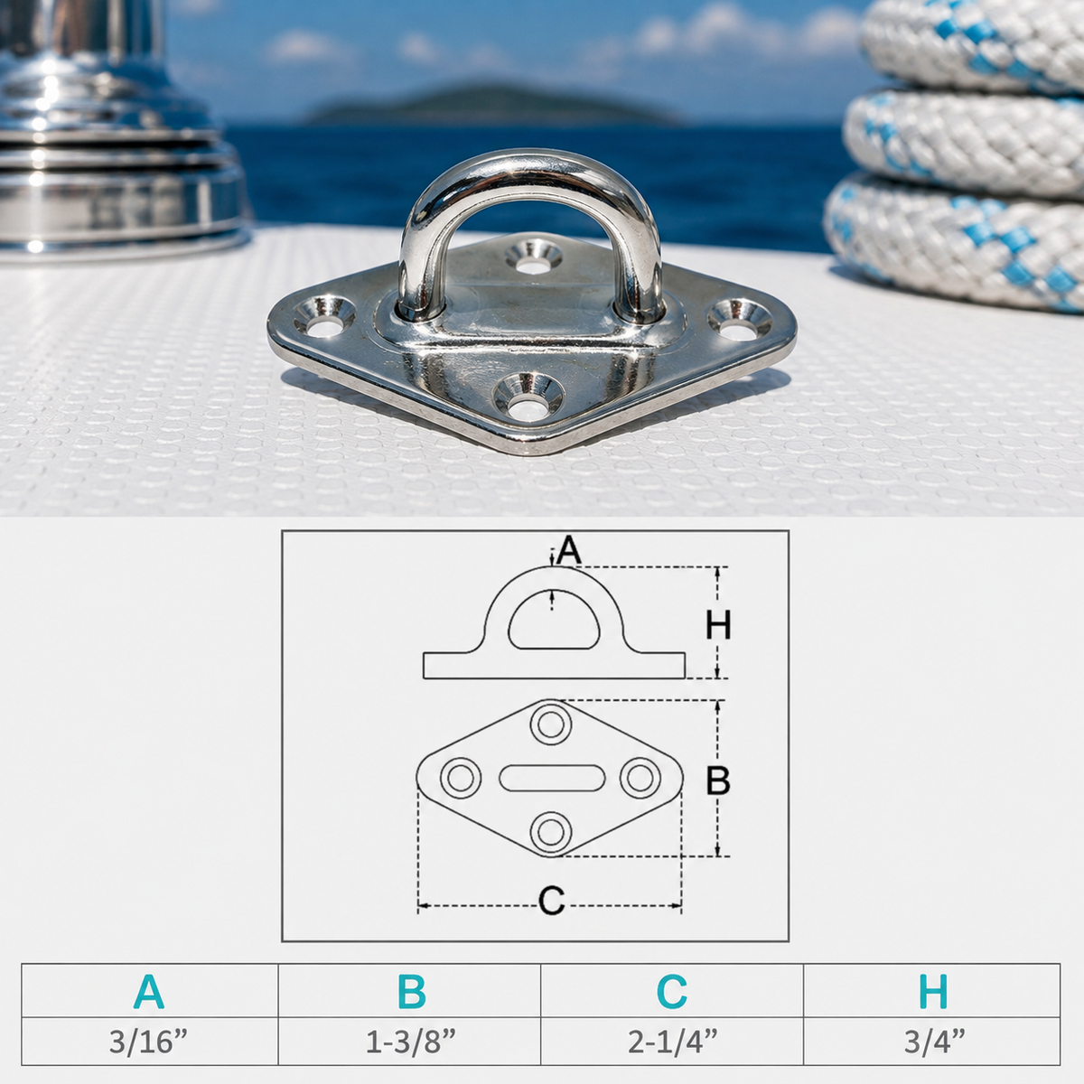 4 Pc Set Marine Light Duty T304 Stainless Steel Diamond Pad Eye, Welded Eye Pad Lift for Boat, Dock, Deck, and Outdoor Hardware