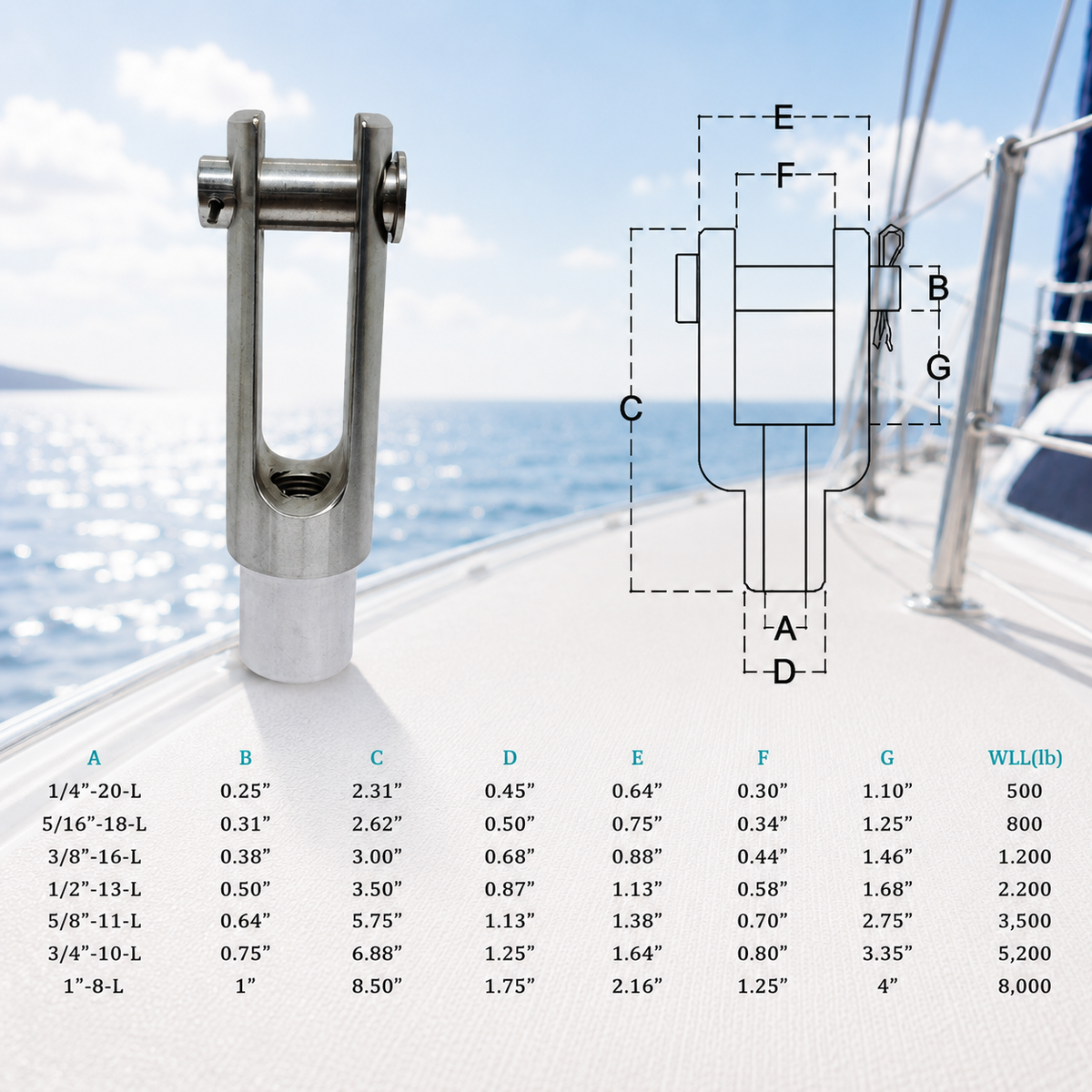 4 Pc Set Marine T316 Stainless Steel Left Handed Threaded Yoke End, Clevis Fork End Fitting for Boat, Dock