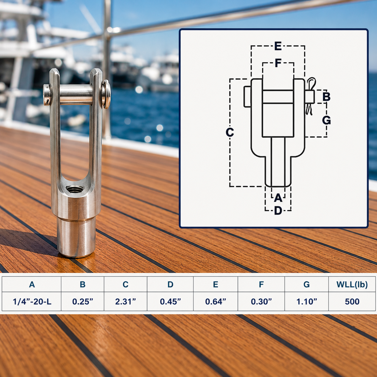 4 Pc Set Marine T316 Stainless Steel Left Handed Threaded Yoke End, Clevis Fork End Fitting for Boat, Dock